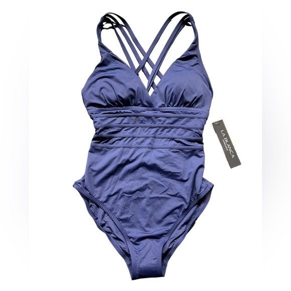 LA BLANCA SWIM women’s navy blue  one piece cross back swimsuit w tummy control - Picture 2 of 6